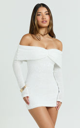 Virginia Mini Dress - Off Shoulder Sheer Sequin Knit Dress in White
