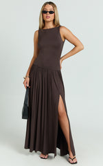 Vivette Maxi Dress - High Neck Drop Waist Gathered Full Skirt Jersey Dress in Chocolate