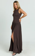 Vivette Maxi Dress - High Neck Drop Waist Gathered Full Skirt Jersey Dress in Chocolate