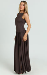Vivette Maxi Dress - High Neck Drop Waist Gathered Full Skirt Jersey Dress in Chocolate