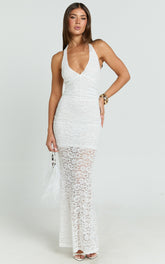 Vivette Maxi Dress - Lace Plunge Keyhole Front Bodycon Dress in Ivory