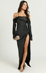 Viviana Maxi Dress - Halter Off Shoulder Thigh Split Dress in Black