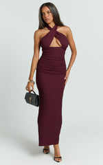 Vivianne Midi Dress - Wrap Halter Neck Fitted Skirt Dress in Wine