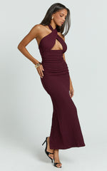 Vivianne Midi Dress - Wrap Halter Neck Fitted Skirt Dress in Wine