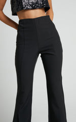 Volta Pants - Front High Waisted Split Boot Leg Kick Out Pants in Black