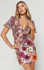 Wren Mini Dress - Puff Sleeve Bodycon 3d Garden Flowers Dress in Burgundy