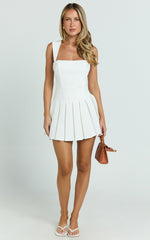 Wallace Mini Dress - Square Neck Wide Strap Drop Waist Pleated Dress in White