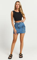 Wallace Mini Skirt - Mid Waisted Recycled Denim Utility Skirt in Mid Blue Wash