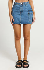 Wallace Mini Skirt - Mid Waisted Recycled Denim Utility Skirt in Mid Blue Wash