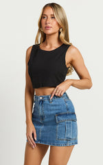 Wallace Mini Skirt - Mid Waisted Recycled Denim Utility Skirt in Mid Blue Wash