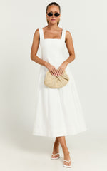 Walters Midi Dress - Square Neck Shirred Back Fit and Flare Panel Dress in White