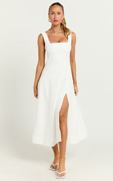 Walters Midi Dress - Square Neck Shirred Back Fit and Flare Panel Dress in White