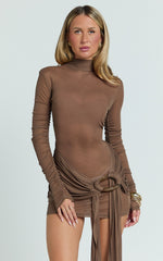 Walters Mini Dress - Polo Neck Long Sleeve Ruche Sash Band Jersey Dress in Brown