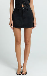 Walton Skort - Mid Waisted Recycled Denim Skort in Clean Black Wash Panel