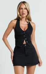 Walton Vest - Halter Neck Button Down Crop Recycled Denim Vest in Clean Black Wash Panel