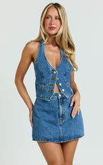 Walton Vest - Halter Neck Button Down Crop Recycled Denim Vest in Dark Blue Wash