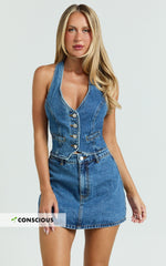 Walton Vest - Halter Neck Button Down Crop Recycled Denim Vest in Dark Blue Wash
