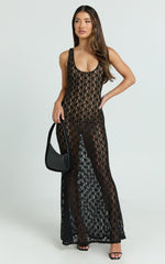 Wanda Maxi Dress - Lace Scoop Neck Low Back Bodycon Dress in Black