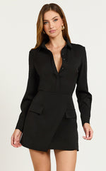Wanda Mini Dress - Long Sleeve Faux Wrap Dress in Black