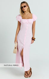 Welmina Midi Dress - Short Sleeve Placket Front Dress in Pale Pink