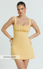 Welmina Mini Dress - Square Neck Front Placket Dress in Lemon