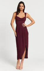 Wenalyn Midi Dress - Cowl Neck Draped Dress in Wine