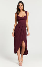 Wenalyn Midi Dress - Cowl Neck Draped Dress in Wine