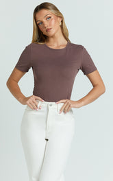 Whitney Tee Shirt - High Crew Neck in Chocolate