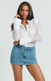 Wilda Bodysuit - Square Shoulders Button Down Bodysuit in White