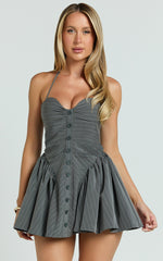 Wilda Mini Dress - Halter Tie Sweetheart Neck Fit And Flare Dress in Dark Grey