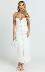 Wilde Midi Dress - Boucle Strapless Button Front Bodycon Dress in White