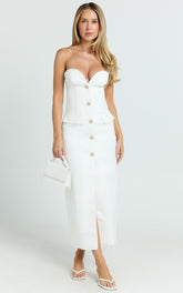 Wilde Midi Dress - Boucle Strapless Button Front Bodycon Dress in White