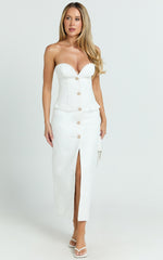 Wilde Midi Dress - Boucle Strapless Button Front Bodycon Dress in White