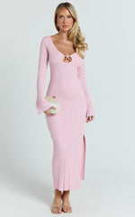 Wilde Midi Dress - Textured Stripe Knit V Neck Metal Trim Dress in Pink