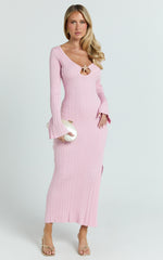 Wilde Midi Dress - Textured Stripe Knit V Neck Metal Trim Dress in Pink