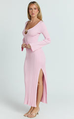 Wilde Midi Dress - Textured Stripe Knit V Neck Metal Trim Dress in Pink