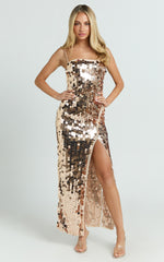 Wilfreda Maxi Dress - Sequin Square Neck Bodycon Dress in Rose Gold