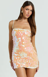 Wilfreda Mini Dress - Sequin Square Neck Bodycon Dress in Peach