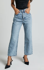 Wilkins Jeans - High Waisted Straight Leg Cropped Hem Jeans in Mid Blue Wash