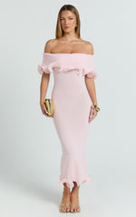 Winnie Maxi Dress - Off Shoulder Frilled Hem Knitted Dress in Baby Pink