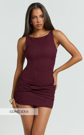 Wyatt Mini Dress - High Boatneck Twist Band Skirt Fitted Dress in Wine