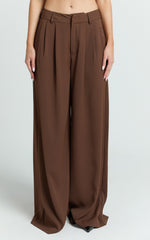 Xandria Pants - Low Rise Double Pleated Wide Leg Pants in Brown