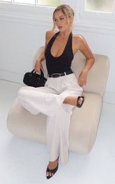 Xandria Pants - Low Rise Double Pleated Wide Leg Pants in Stone