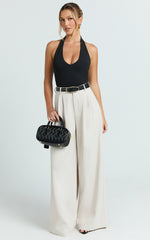Xandria Pants - Low Rise Double Pleated Wide Leg Pants in Stone