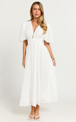 Xandy Midi Dress - Textured Puff Sleeve Plunge Dress in White
