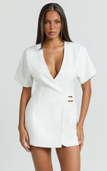Xena Mini Dress - Mock Wrap Buckle Dress in White