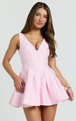 Yara Mini Dress - Plunge Corset Front V Waist Fit And Flare Dress in Pink