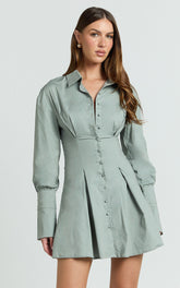 Yasmina Mini Dress - Button Front Long Sleeve Fit And Flare Dress in Sage