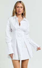 Yasmina Mini Dress - Button Front Long Sleeve Fit And Flare Dress in White