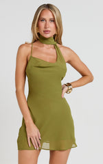 Yasmina Mini Dress - Scarf Tie Cowl Neck Bodycon Dress in Sage